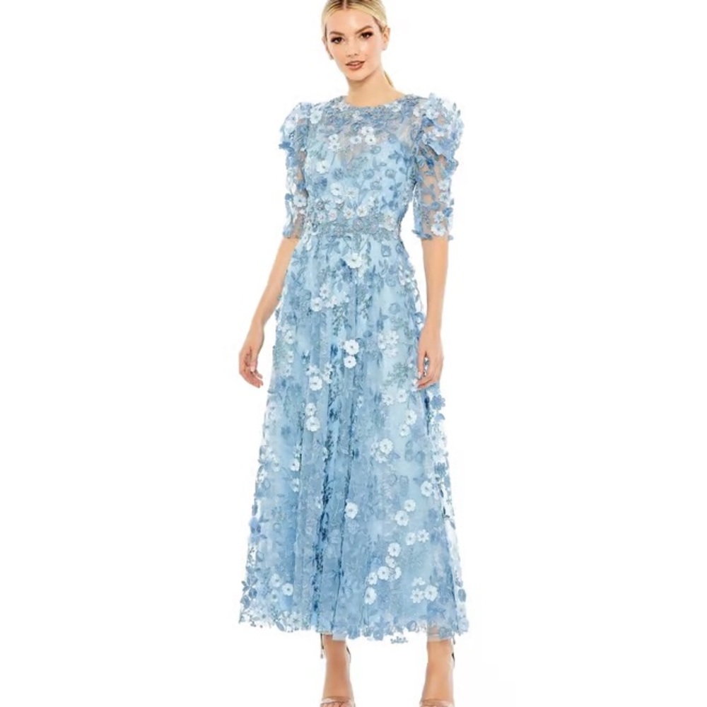 Mac Duggal Light Blue Floral Appliqué Maxi Dress